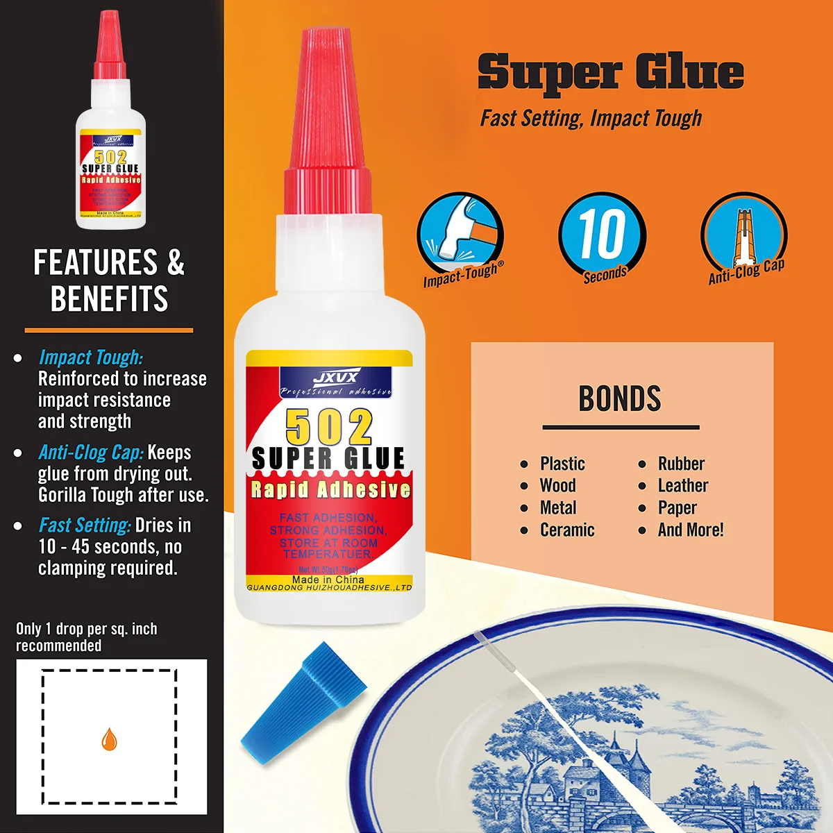 Súper pegamento 502, 1.23 oz de pegamento transparente súper fuerte, adhesivo instantáneo resistente al calor e impermeable, cianoacrilato, Metal, plásticos, cerámica, PVC,suministro de papelería para escuela y oficina