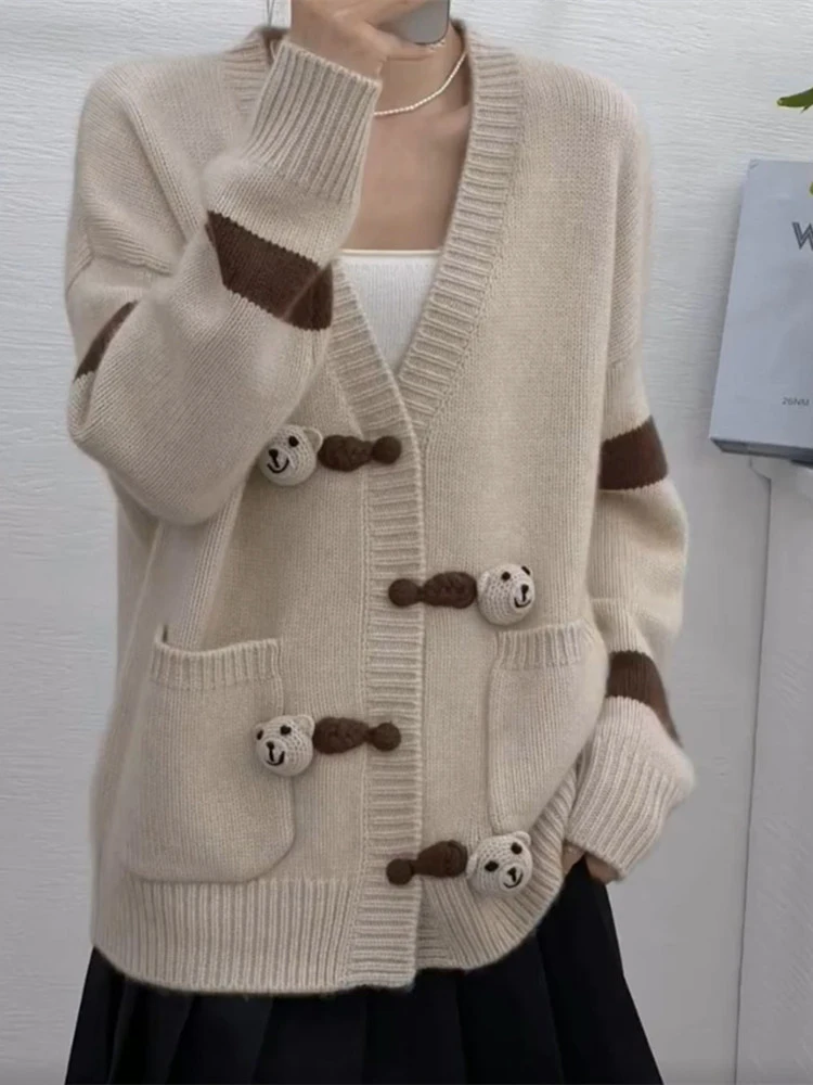 Oversize Women\'s Cardigan 100% Australian Wool V-neck Jumper Little Bear Concise Elegant Sweater Knitwear Coat Top Fashion Trend