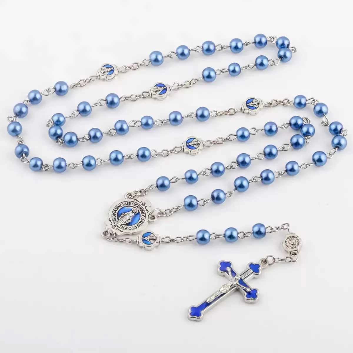 Blue Cross Charms Rosary Necklace for Women Men Prayer Beads Long Chain Religious Virgin Mary Crucifix Pendants Necklaces Rosary