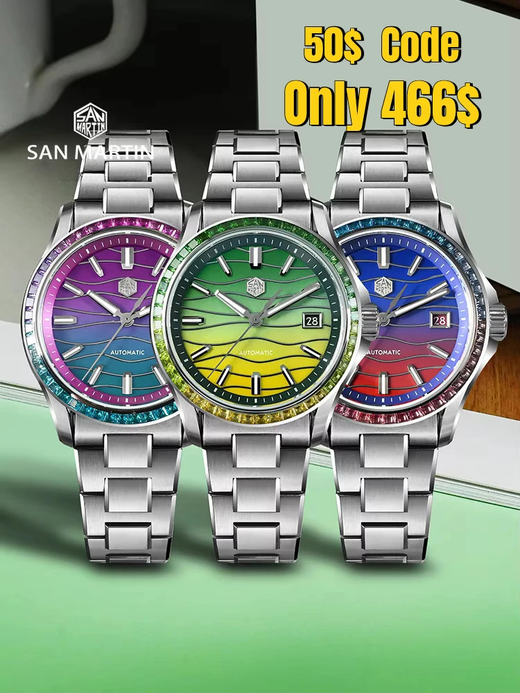 Reloj mecánico automático para hombre San Martin, modelo oficial, con bisel de piedras preciosas de lujo, esfera con incrustaciones de nácar, movimiento Miyota 9015, 39 mm, resistente al agua, SN0150.