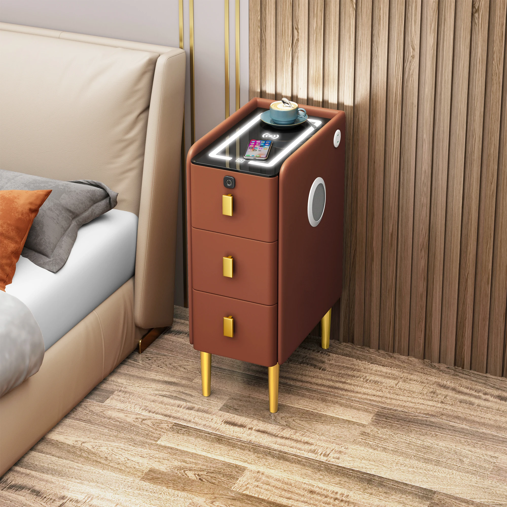 Modern Luxury Wood Smart 30cm Bedside Table With Led Light Fingerprint Wireless Charging Speakers Drawer Hotel Bedroom Furniture - view 2