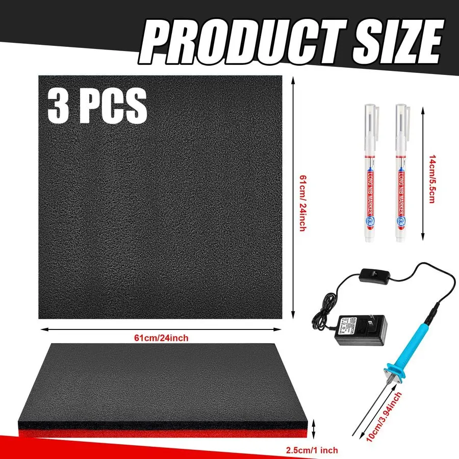 

3 Sets 24 x 24 x 1 Inch Tool Box Foam Sets Includes 3 Tool Box Liner 1 Foam Cutter 2 Marker Pens Adjustable Non Slip Organizer S