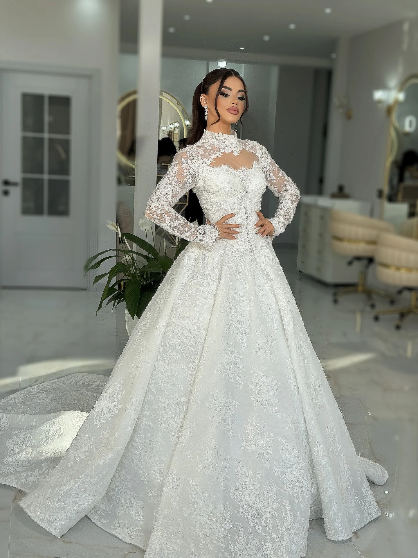 Customized High Collar Phantom Lace Long Sleeve Ball Dress Elegant A-line Dress Church Train Retro Princess Bride Dress image 2