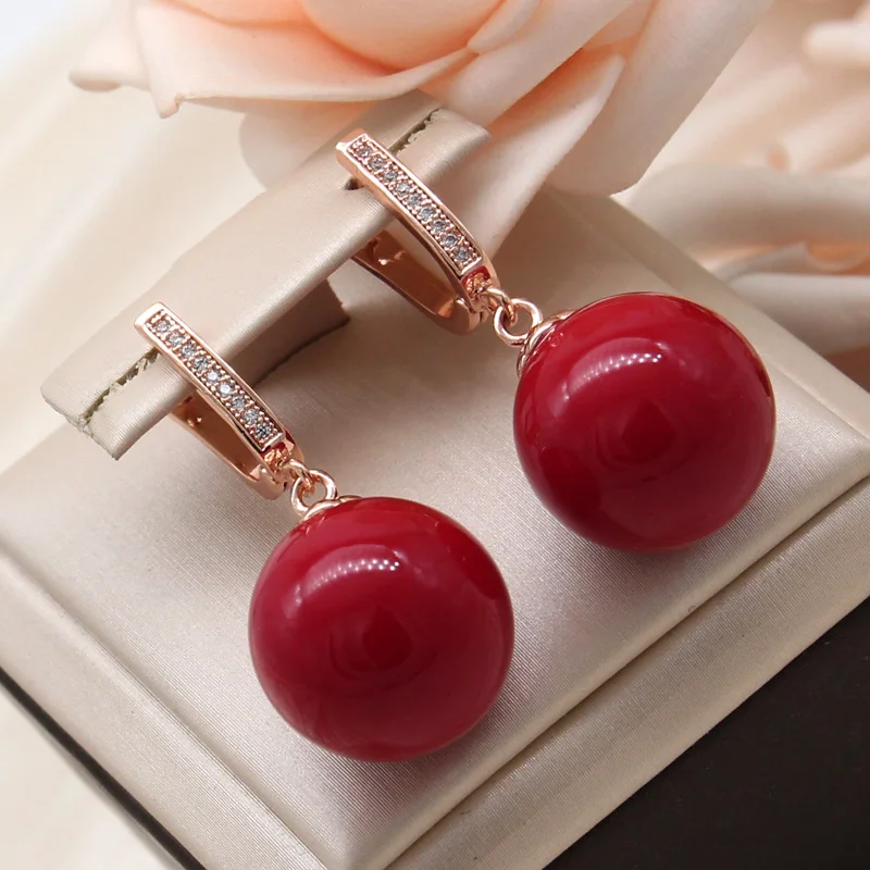 SHENJIANG New Fashion Colorful Round Red Simulated-pearl Drop Earrings For Women Wedding Elegant 585 Rose Gold Color Jewelry