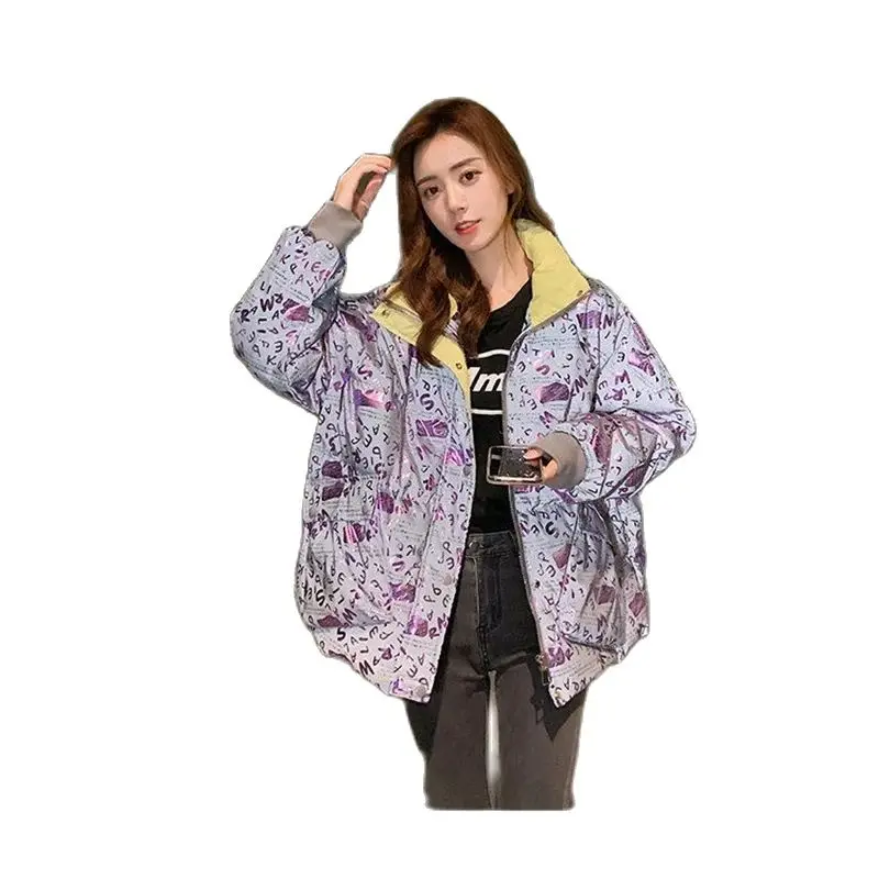 2023 New Korean Short Down Cotton Women\'s Bright Face White Down Loose and Slim Standing Neck Coat with Tidal Print Zipper Coat