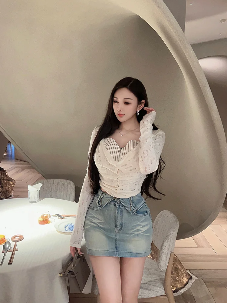 

Синяя джинсовая юбка для похудения с высокой талией, женская летняя тонкая антилегкая универсальная универсальная юбка синего цвета с мягкой подкладкой для поездок на работу и интерьера