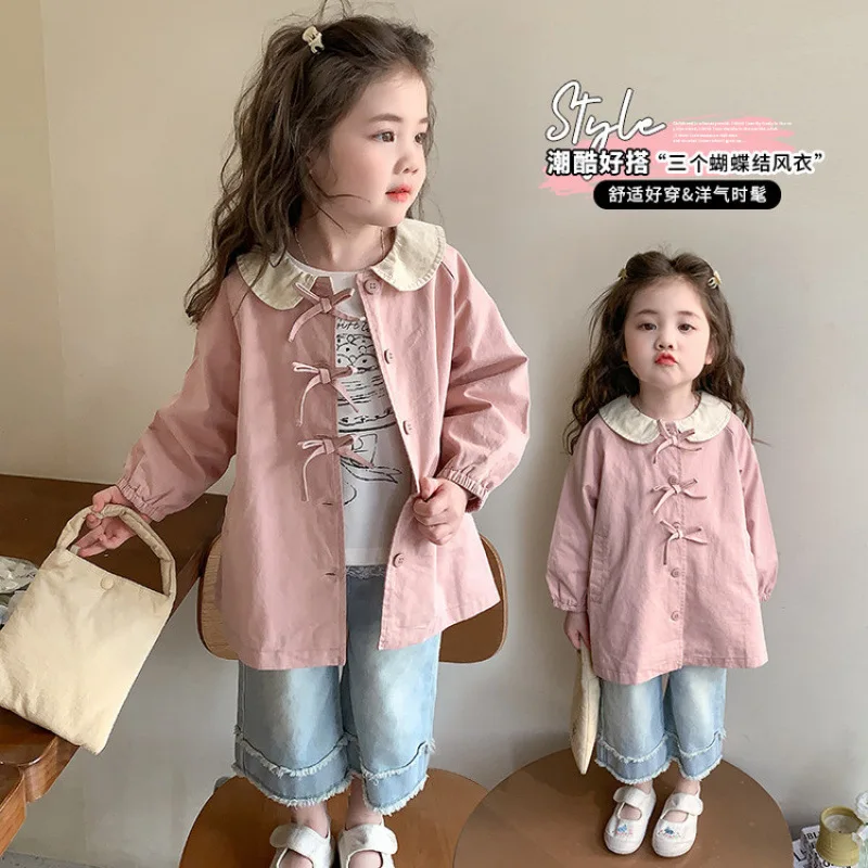 Girls Trench Coat Spring and Autumn Bow 2026 New Coat Children's Baby Spring Top Spring Clothes