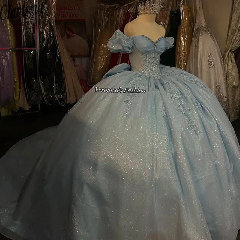 Robe de Bal Bleu Ciel en Dentelle à Paillettes, à Épaules Dénudées, Personnalisée, Éducative, 15 XV