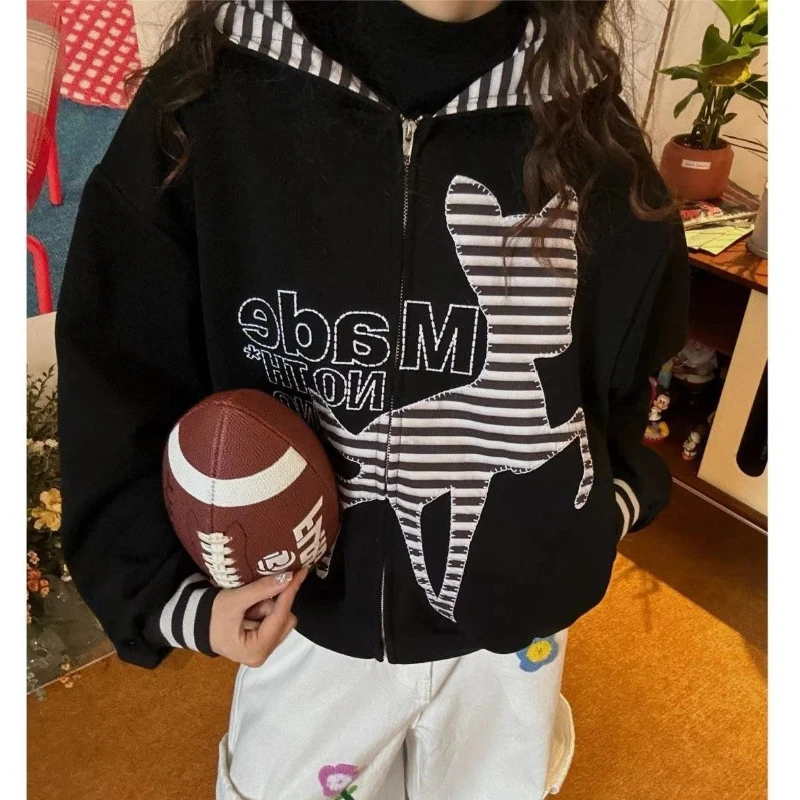 

Deeptown American Retro Cartoon Hoodies Women Black Harajuku Y2k Zip Up Coats Kawaii Oversized Casual Embroidery Sweatshirts