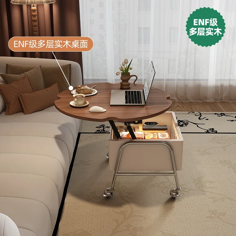 Solid wood lifting rock slab cream wind round coffee table French small apartment tea table retro living room