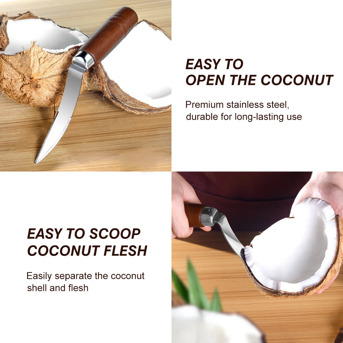 UPKOCH Stainless Steel Coconuts Meat Removal Scraper Wooden Handle Coconut Tool for Kitchen Coconut Meat Remover