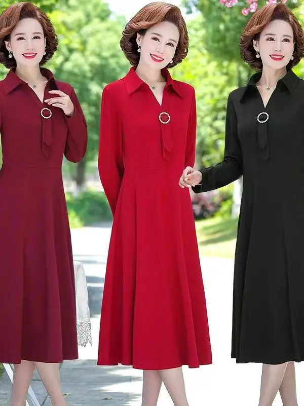 

Elegant Mid-Length Fashion Dress for Middle-Aged Women Large Size Wedding Dress Knee-Covering Spring Autumn New Arrival