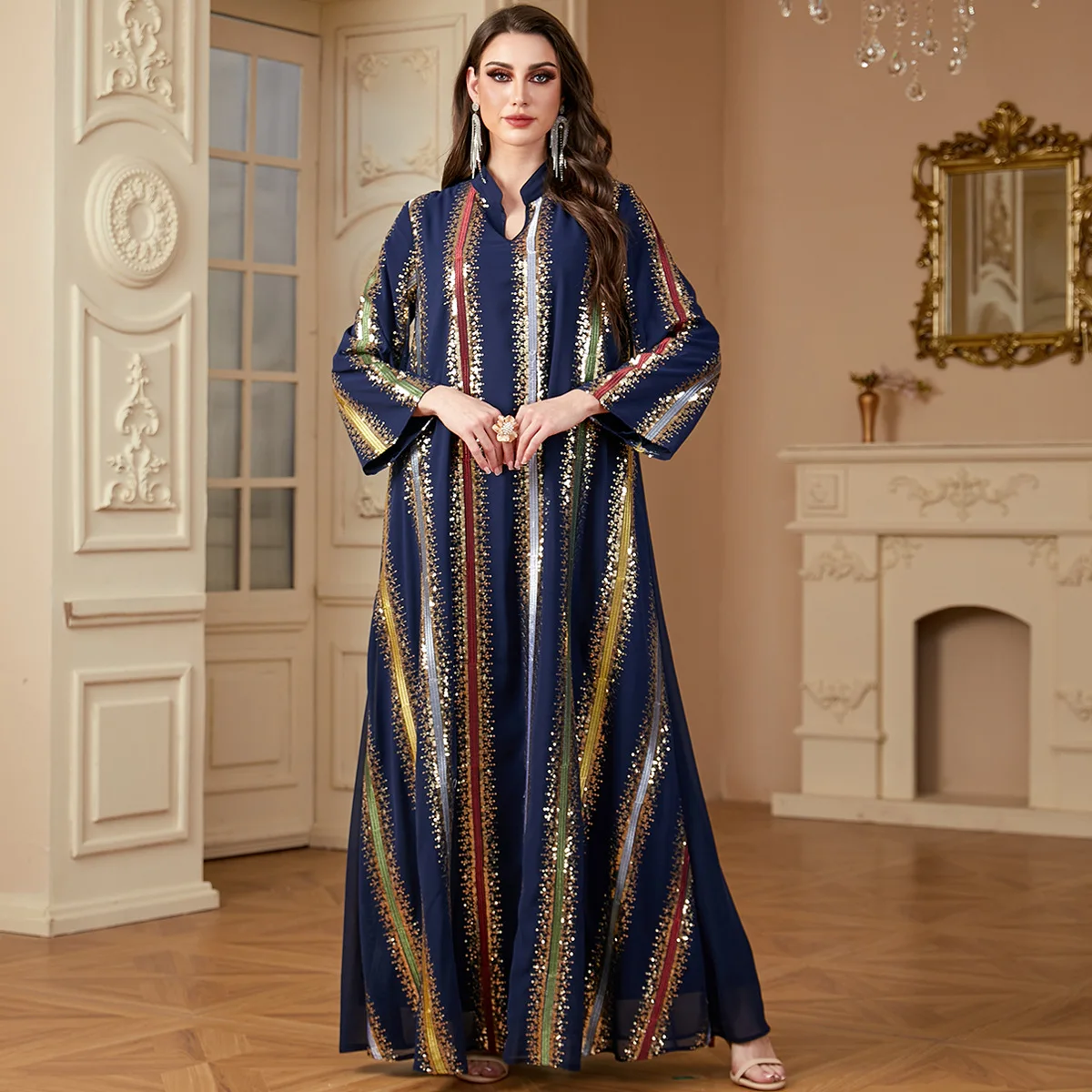 

2025 New Saudi Arabian Dubai Muslim Color-Block Abayas: European-American Style Chiffon Embroidered Dress Gowns for Women
