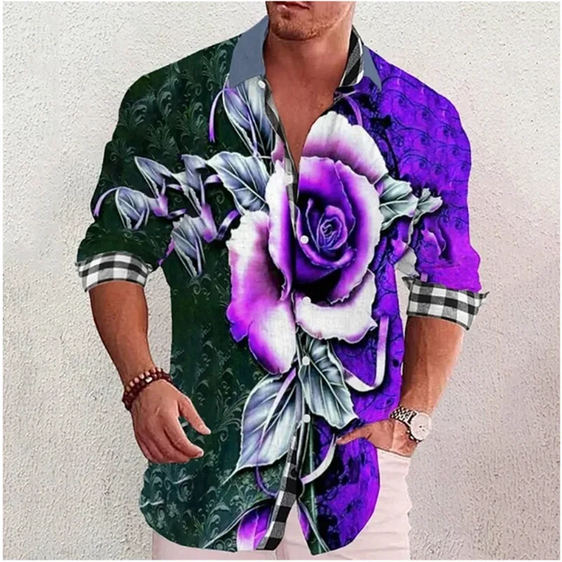 New Flower Pattern Printing Cuffed Plaid Printing Outdoor Street Long Sleeve Clothing Fashion Dress Designer Casual Men's Shirts