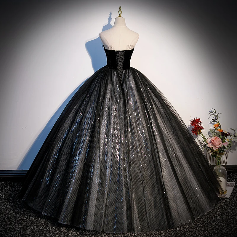 Clássico Preto Quinceanera Vestidos Sexy Strapless Vestido De Debutante Elegante Simples Andar de comprimento Tulle Ball Gown Custom Made