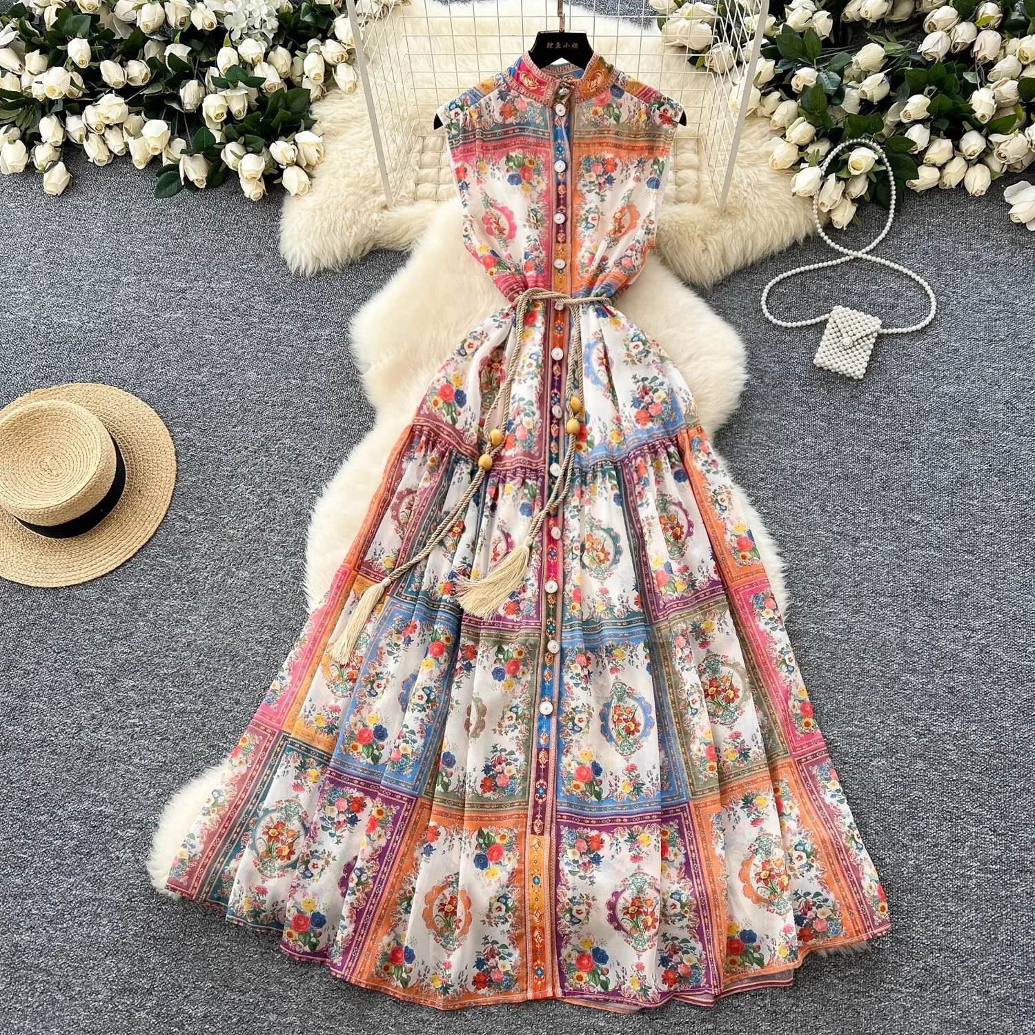 

Summer Bohemain Gorgeous Flower Long Dress Women Elegant Sleeveless Beach Party Prom Vestidos Belt Lace Up Loose Tank Clothing