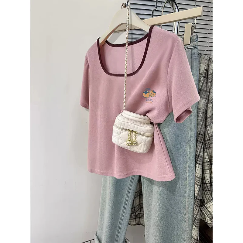plus Size Women's Short Sleeve T-Shirt Square Collar Color Block Summer Top Korean Style Loose Fit Cotton Blend Tee