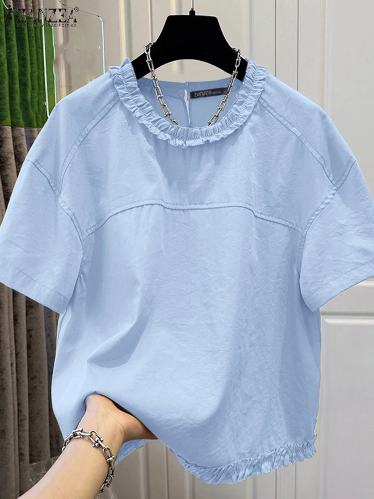 ZANZEA Women 2025 Summer Chic Blouses Ruffed Trim O-Neck Short Sleeve Crinkled Blusas Mujer Streetwear Casual Solid Color Tops