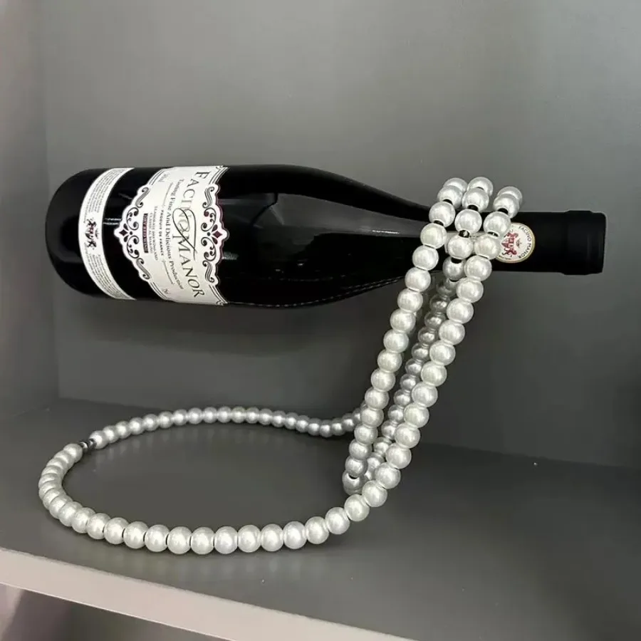 Soporte de Vino Colgante Creativo de Resina Metálica con Diseño de Collar de Perlas, Exhibidor de Botellas de Vino Mágico para Decoración del Hogar y Escritorio