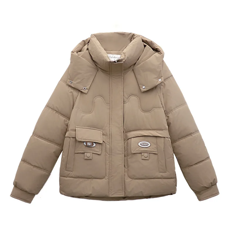 Winter Lady's Padded Coat Solid Double Button Hooded Printed Zipper Quilted Jacket For Women Cropped Versatile Female's Coat