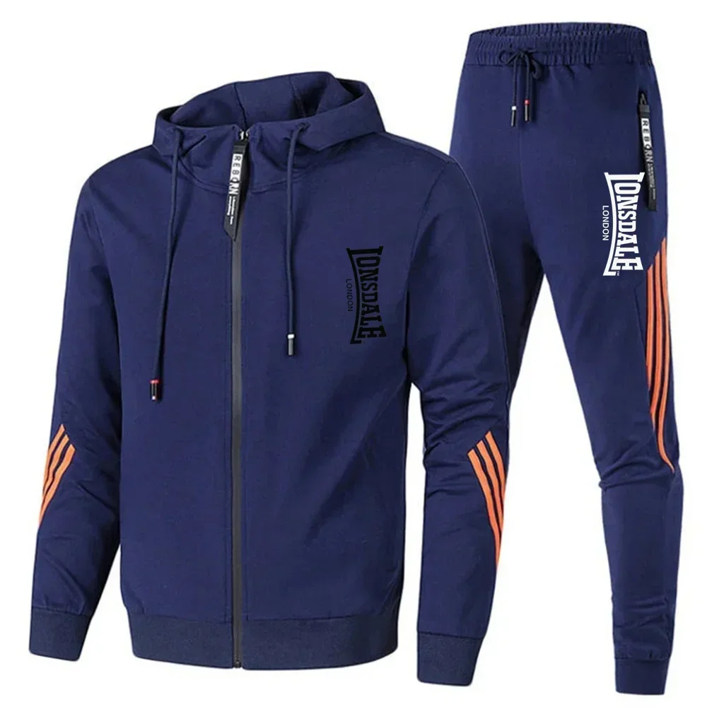 A trendy men's spring and autumn zippered hooded jacket and long pants two-piece fitness jogging casual sportswear set