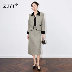 ZJYT Autumn Winter Elegant Ladies Woolen Jacket Suits with Skirt Set Two Pieces Womens Outfit Elegant Party Office Suit Female