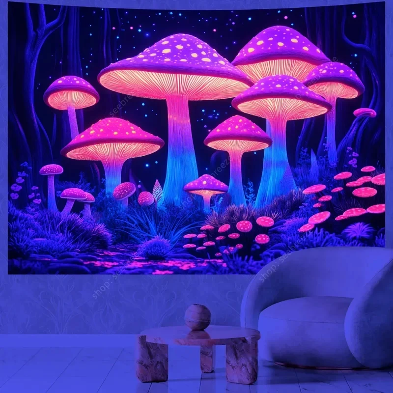 VIKAMA UV Reactive Mushroom Tapestry, Blacklight Trippy Galaxy Wall Art Cloth for Glow Party & Aesthetic Room Decor