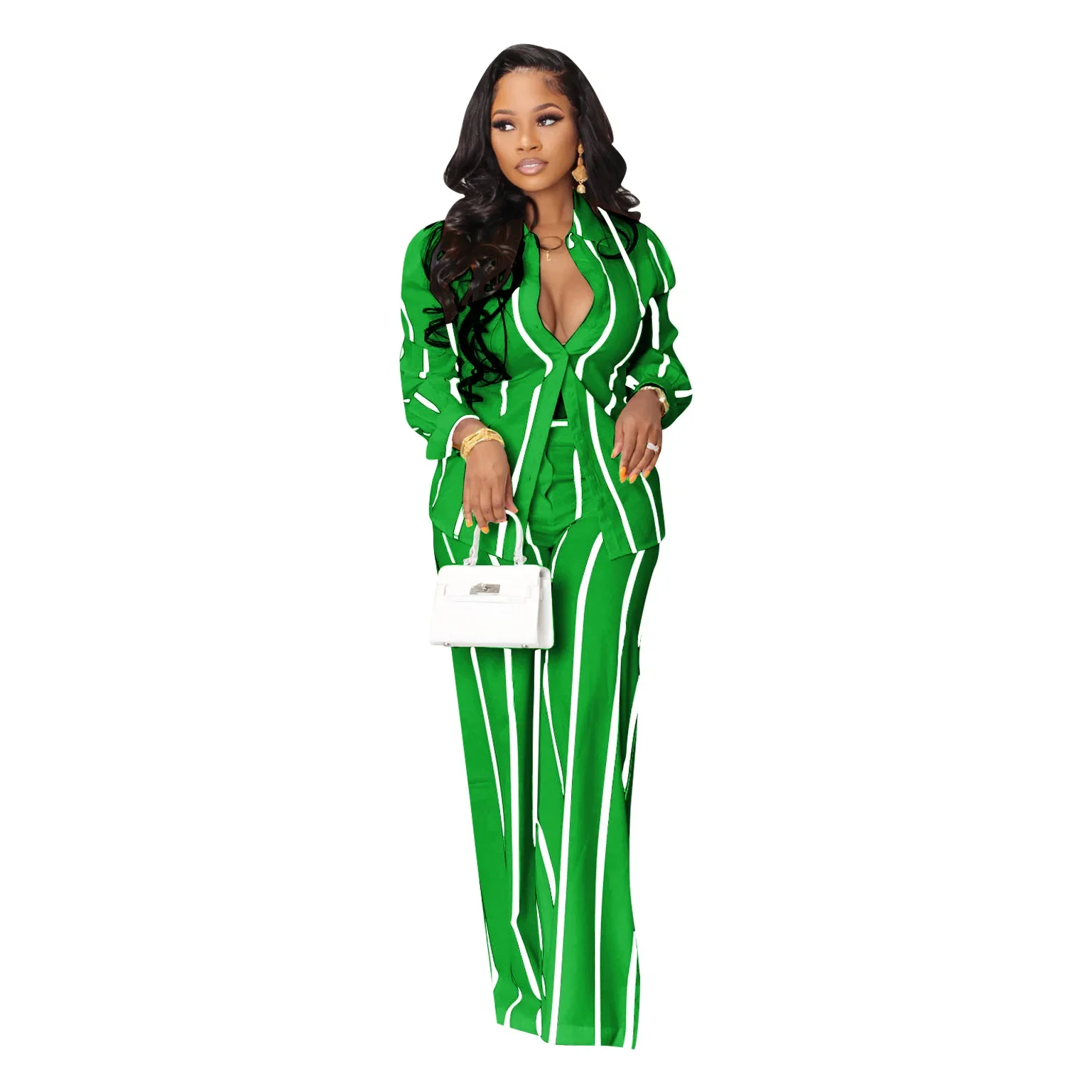 African Clothes for Women Spring Autumn African Long Sleeve V-neck Polyester 2 Pieces Top Long Pant Matching Sets African Suit