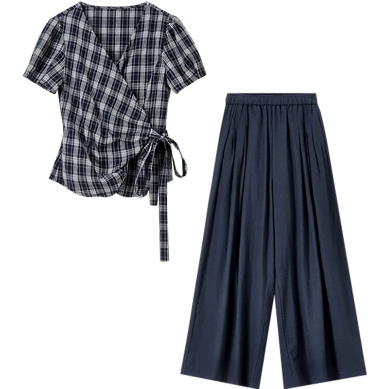 SENTUBILA Women's Two Piece Matching Sets Trouser Suits Bubble Sleeve Plaid Top Pants 2025 Summer Office Women Outfits T52ZC2617