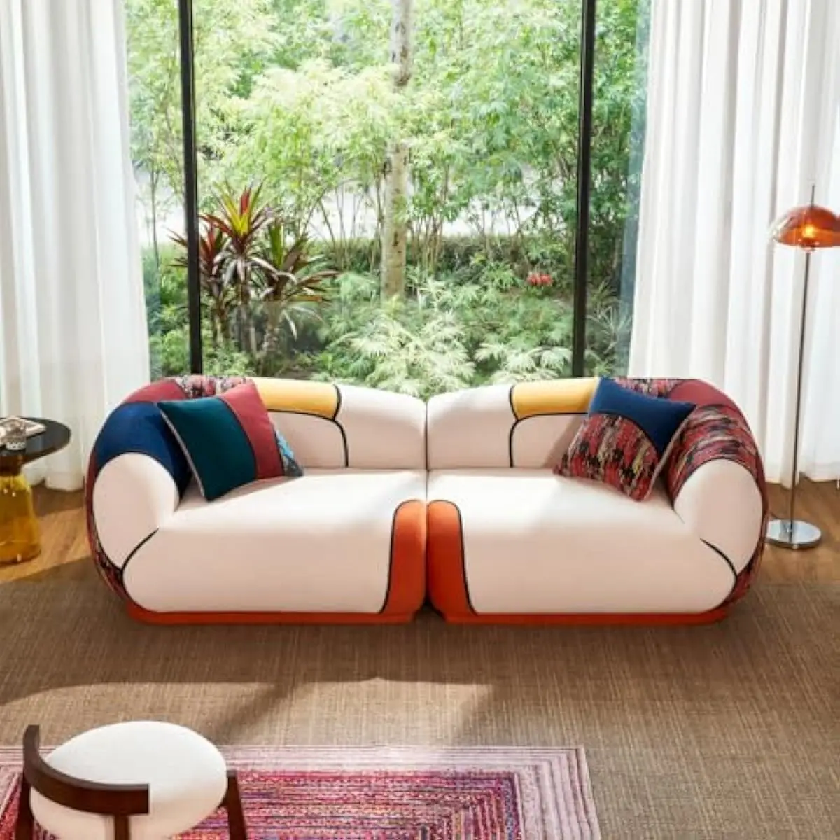 102 inch curved sectional sofa in beige chenille fabric with boho woven accents red yellow blue blocks 4 person seating no assem