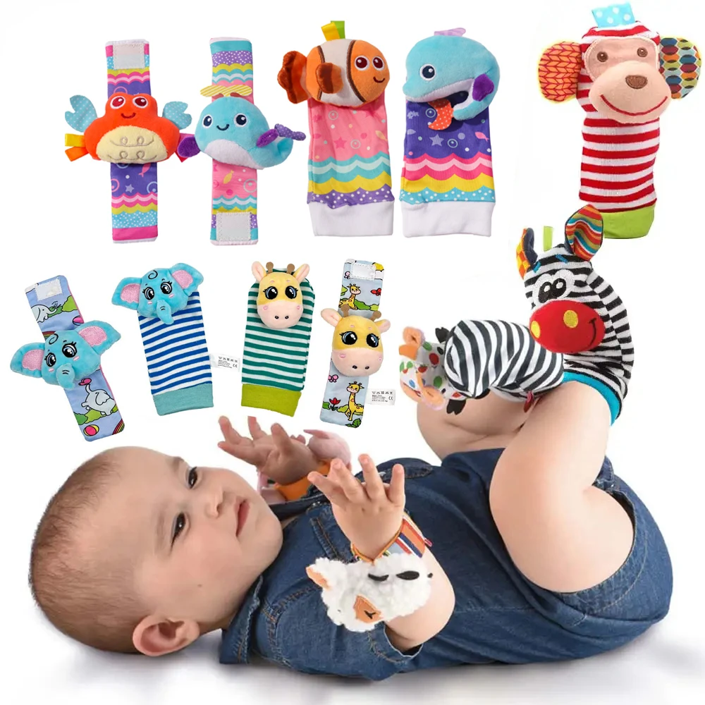 Baby Rattles Socks Toys 0 12 Months Newborn Infant Cartoon Plush Socks Wrist Strap Foot Finder and Wrist Rattles Toys for Babies