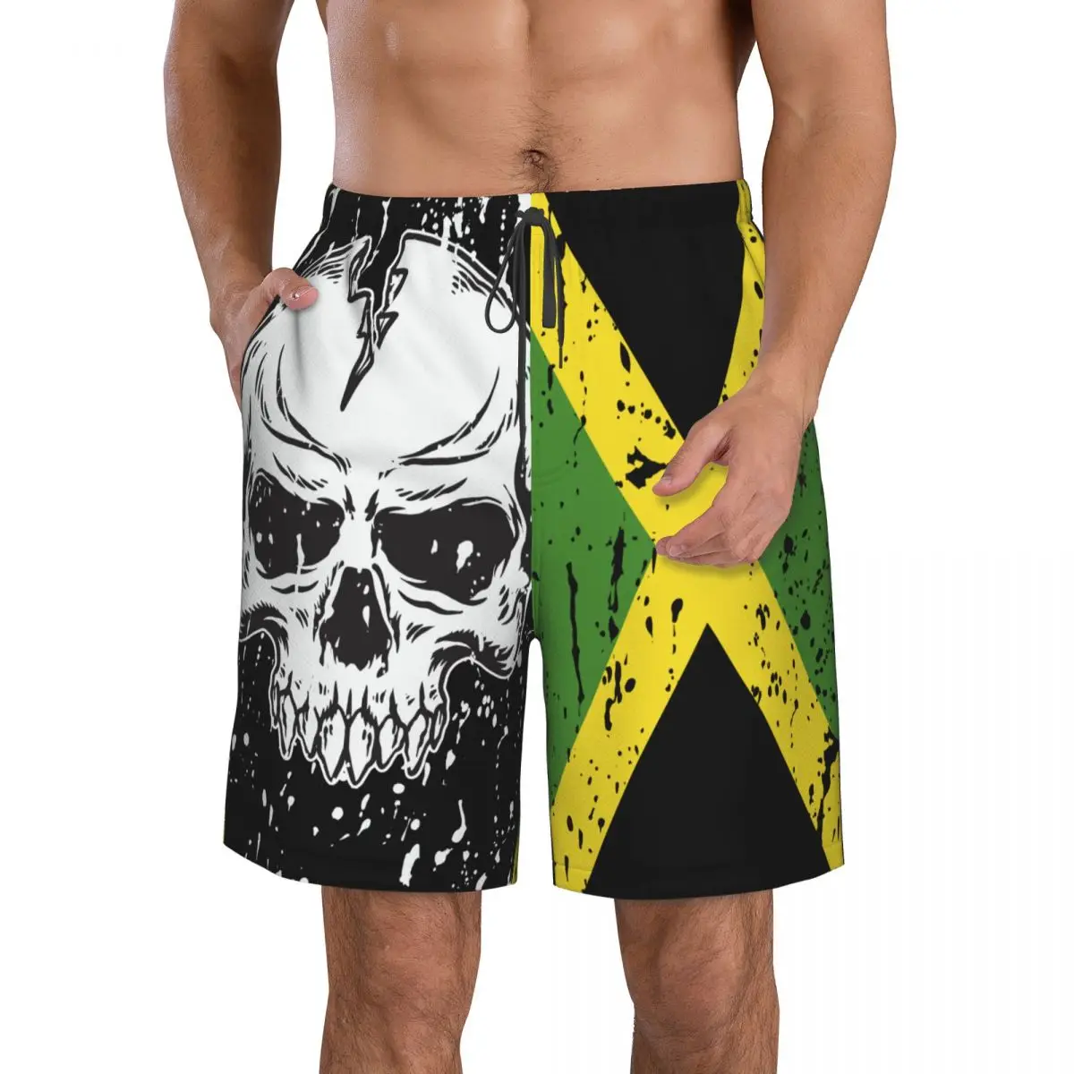 Jamaica Flag Vintage Skull Men's Novelty Swimtrunks Quick Dry 3D Printed Mesh Lining Beach Board Shorts with Pockets