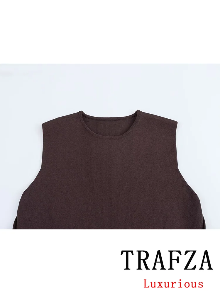 TRAFZA Vintage Casual Chic Women Suit Solid Sleeveless Button O-Neck Top Sashes Mini Straight Skirt New Fashion 2024 Autumn Sets