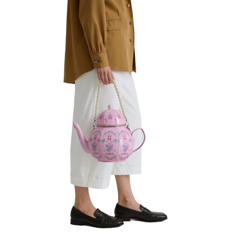 

Personality Pearl Handbag Teapot Shape Sweet Girl Print Crossbody Bag Creative Irregular Design
