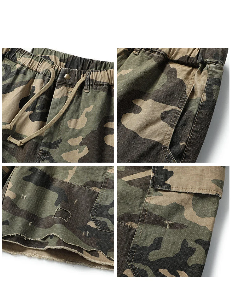 Tactical Cargo Shorts Men Heavyweight 100% Cotton 5-Inch Loose Fit Ripped Patched Camouflage Multiple Pockets Casual Summer
