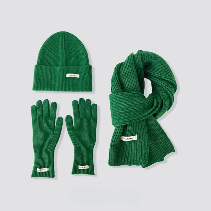 

Knitted Winter Scarves Woman Solid Color Hat Scarf Gloves Women's Windproof Adult Three-piece Set Fashion Women's Hat Set
