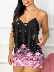 Conjunto de minifaldas estampadas para mujer, Top Sexy con cuello en V, Espalda descubierta, tirantes finos, Falda corta ajustada, traje elegante y Club para fiesta, 2 piezas