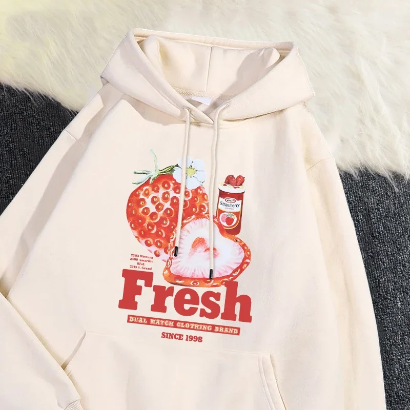 Trend Womens Hoodie Fresh Strawberry American Retro Creative Prints Sweatshirt Comfortable Pocket Pullover Cartoons Tops