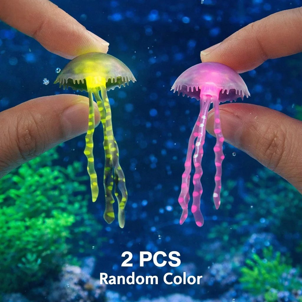 2Pcs Realistic Glow-in-the-Dark Jellyfish Ornaments, Multicolored Fluorescent Floating Aquarium Decor