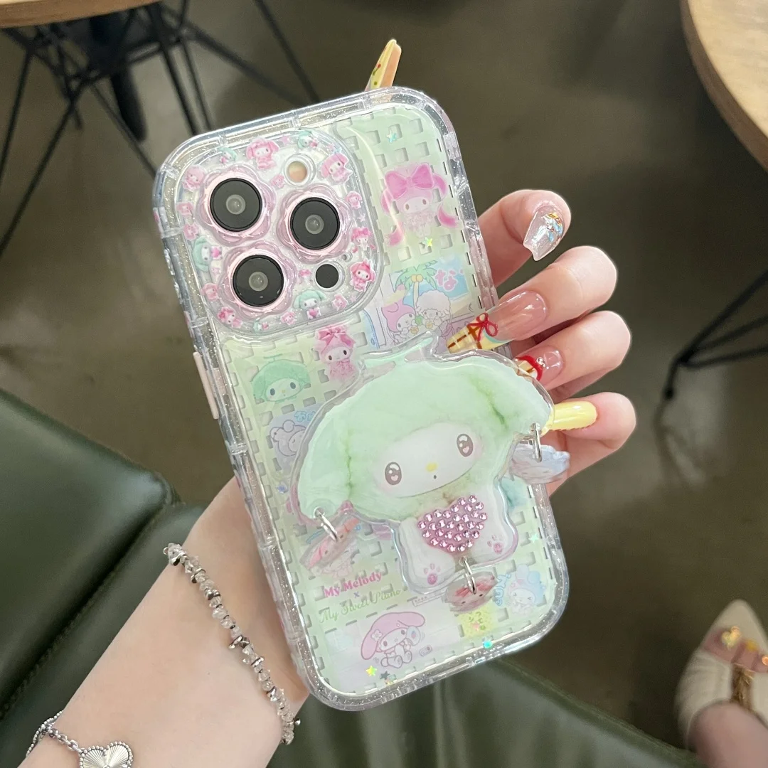 

Mint Green Striped Grid Lovely Melody Stand Holder Phone Case For iPhone 16 15 14 Pro Max Camera lens protection Cover﻿