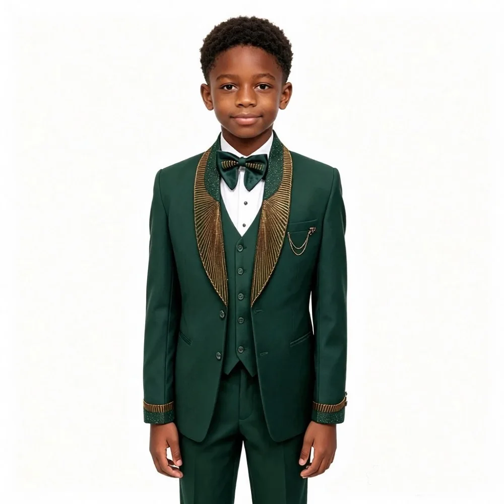 Luxury Beaded Boys Suits for Wedding 3 Pieces Slim Fit Kids Formal Tuxedo Shawl Lapel Jacket Vest Pants for Prom Party Outfit