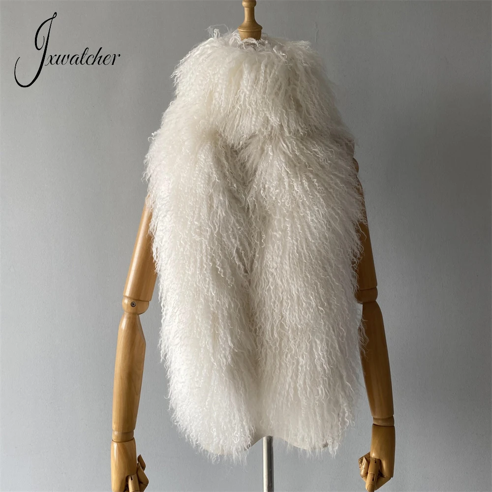 Jxwatcher Women Real Mongolian Fur Scarf Korean Quality Double-Sided 100% Genuine Sheep Fur Scarves Lady Fall Winter Warm Collar