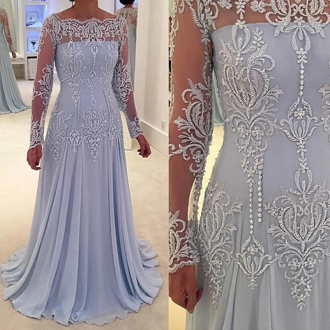 

Elegant Lace Mother Of The Bride Dresses With Long Sleeves A-line Wedding Guest Dress Floor Length Chiffon Mother Groom Gown