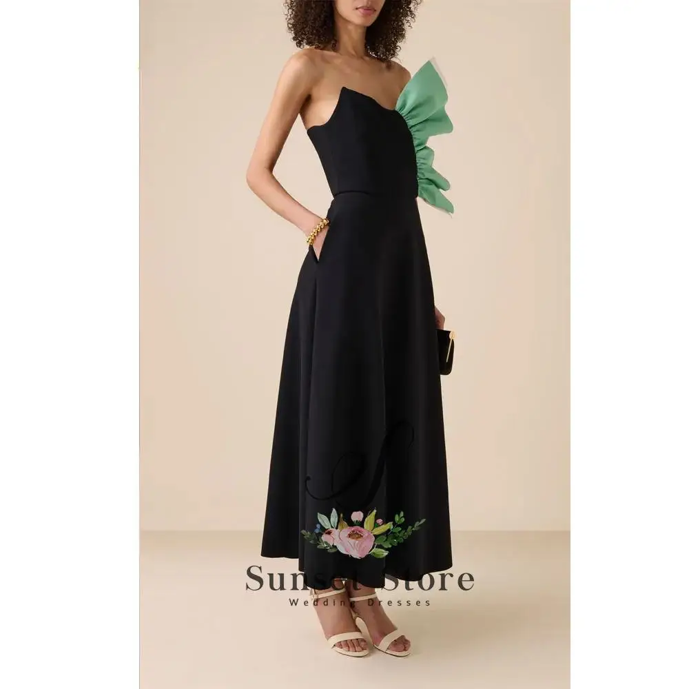 

Customized Black Ankle-Length Crepe Evening Dress Strapless Prom Dress 2025 Sleeveless Mermaid Party Dress