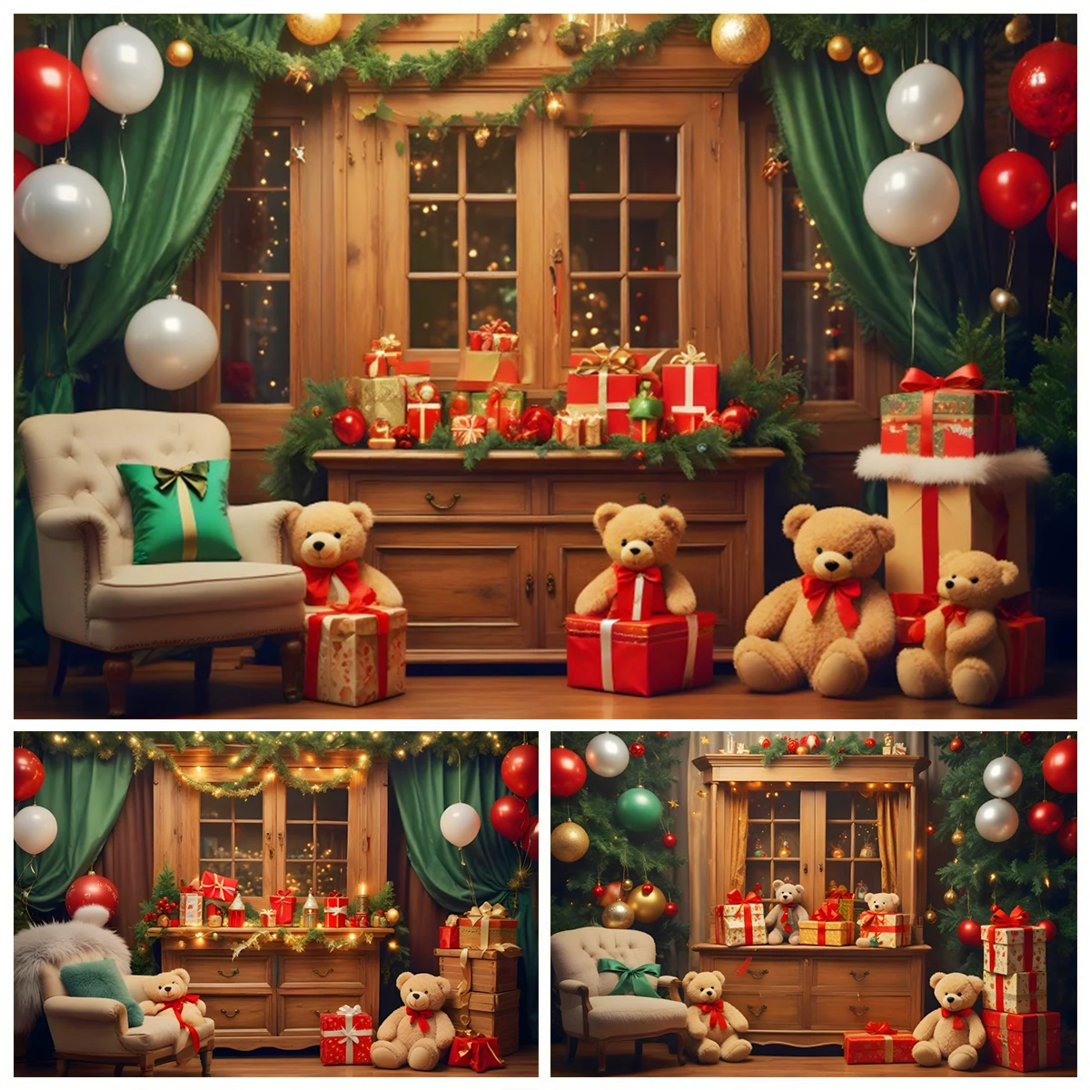 

Toy Bear Christmas Photography Backdrop Christmas Tree Window Bear Gift Balloon Kids Portrait Family Xmas Photo Background Decor