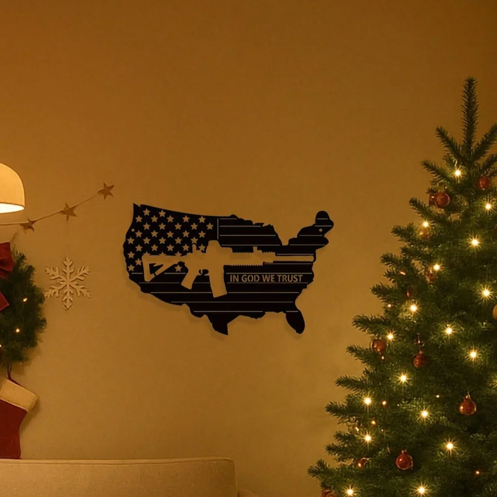 لوحة فنية جدارية معدنية عتيقة - لافتة مسدس العلم الأمريكي القديم والآلات، ديكور منزلي وطني لغرفة المعيشة والمكتب والرجال الكهف #1