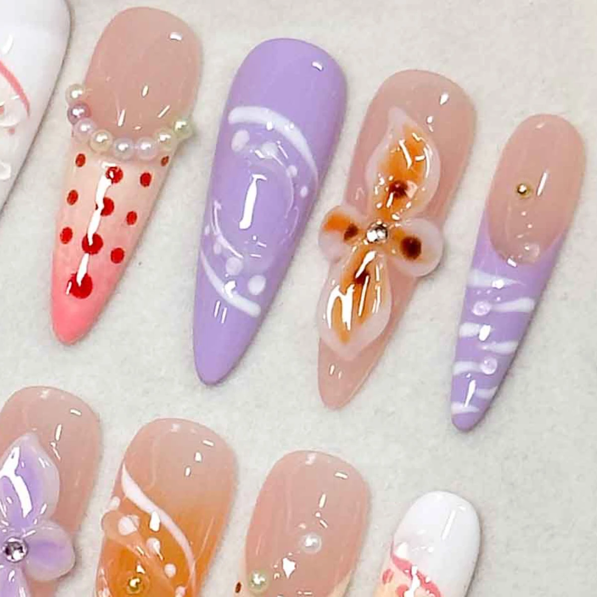 10pcs/Set Handmade Long Thin High-heeled Finger Nails ，Y2K Nails，Macaron French Hand-Painted Carved Pearl Decorated Fake Nails view 6