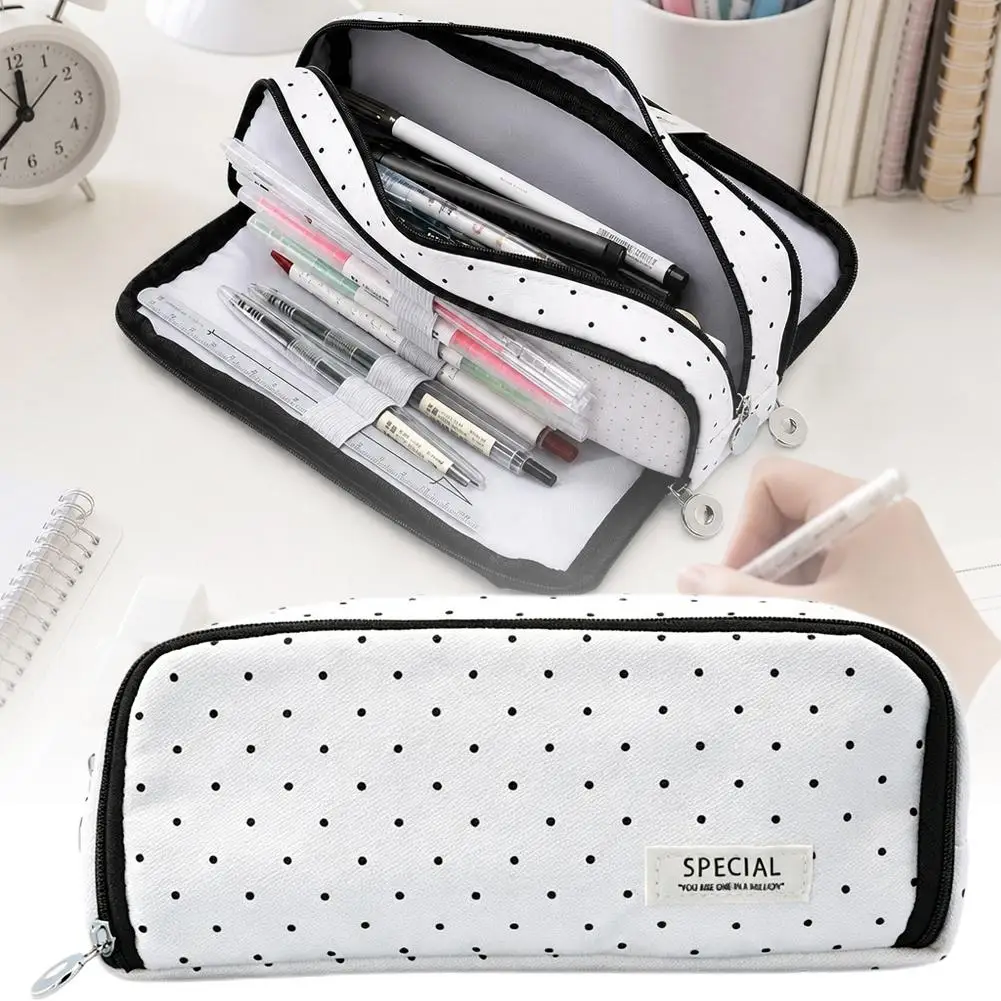 Trousse à crayons en toile noire et blanche de grande capacité avec double ouverture, boîte de rangement pour fournitures scolaires, organisateur de bureau