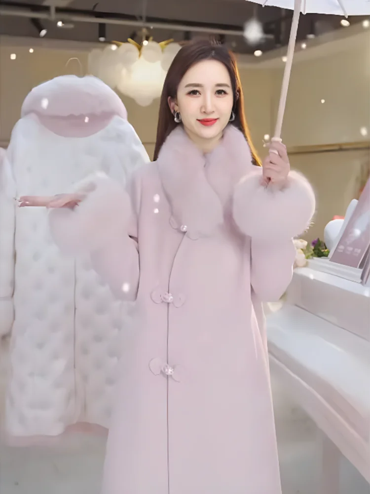 Casaco de Lã Elegante com Design de Botão, Comprimento Médio, Jaqueta Feminina Princ Sle, Casaco Longo de Tubo Reto