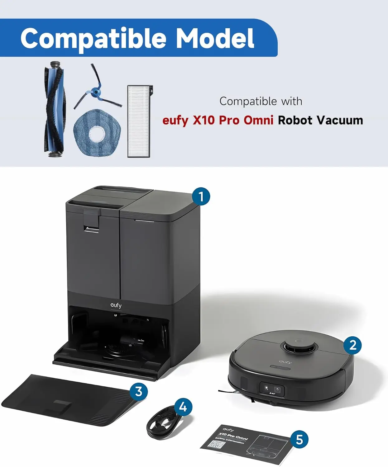 Replacement Parts for Eufy X10 Pro Omni Robotic Vacuum Cleaner Main Brush Side Brush Dust Bag HEPA Filter Accessories